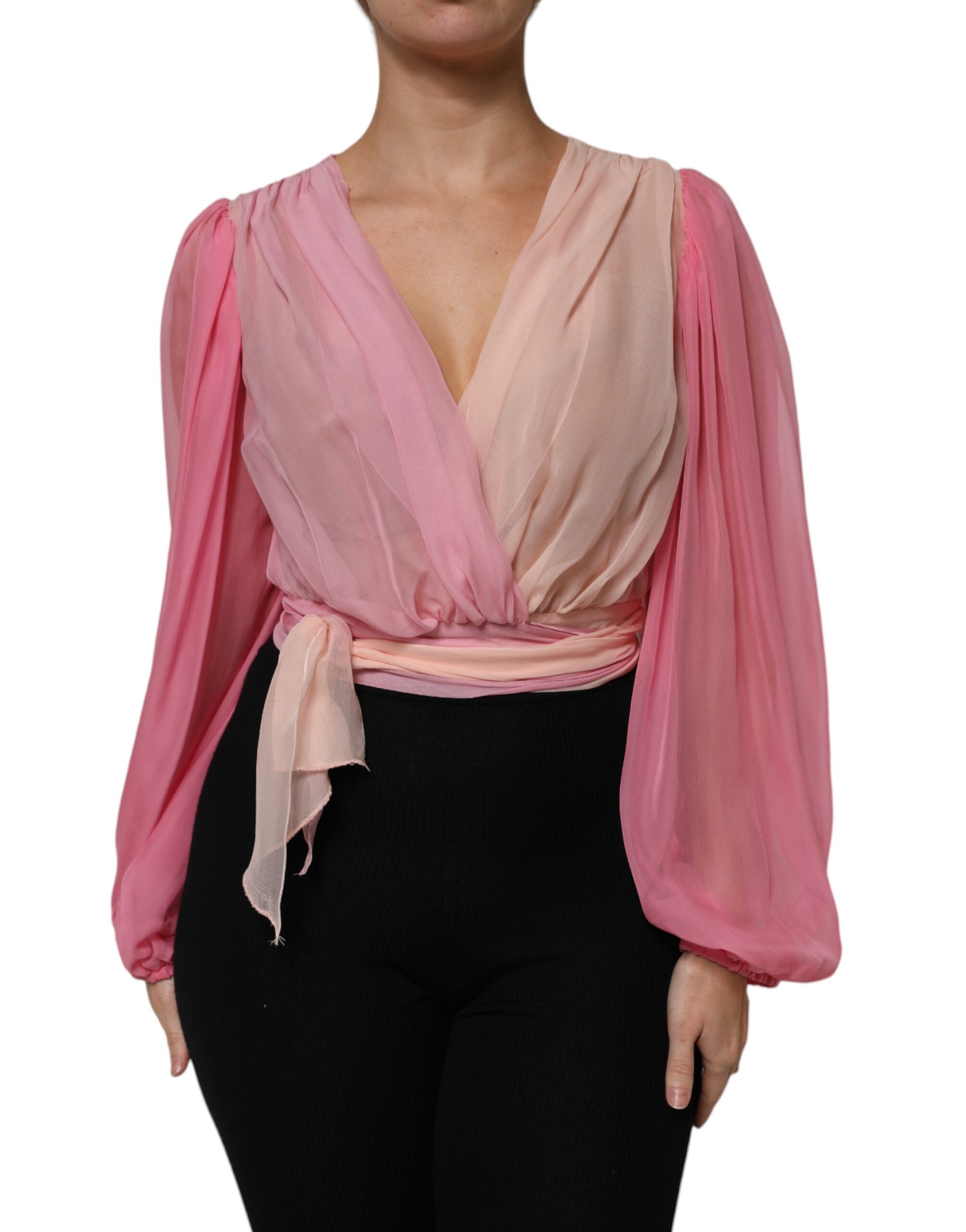 Dolce & Gabbana Pink Plunging V-neck Long Sleeves Blouse Top Dolce & Gabbana
