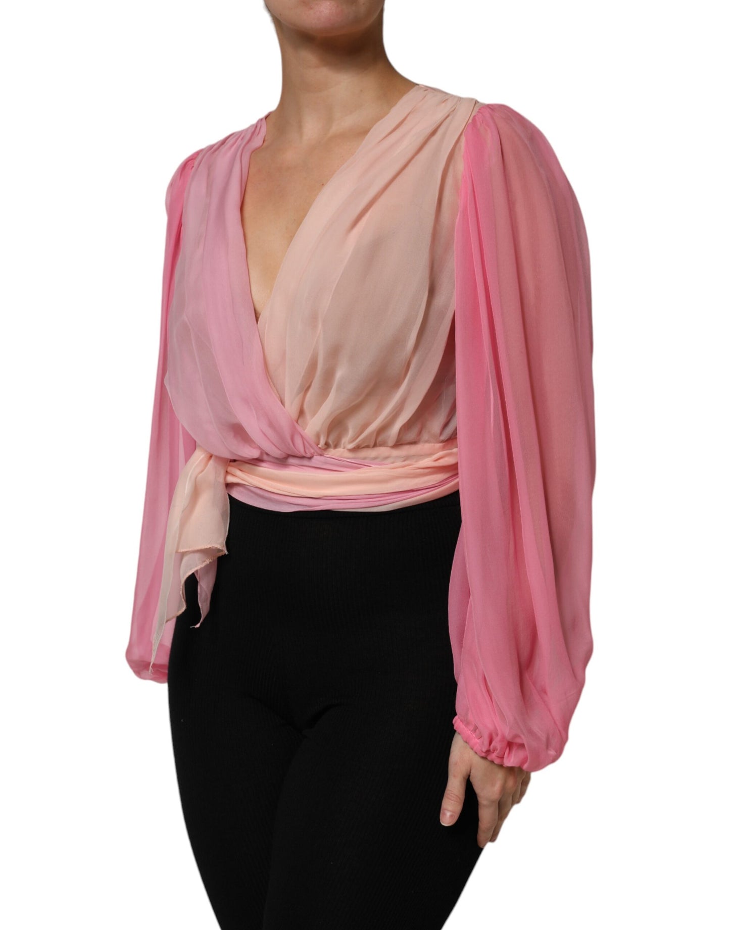 Dolce & Gabbana Pink Plunging V-neck Long Sleeves Blouse Top Dolce & Gabbana