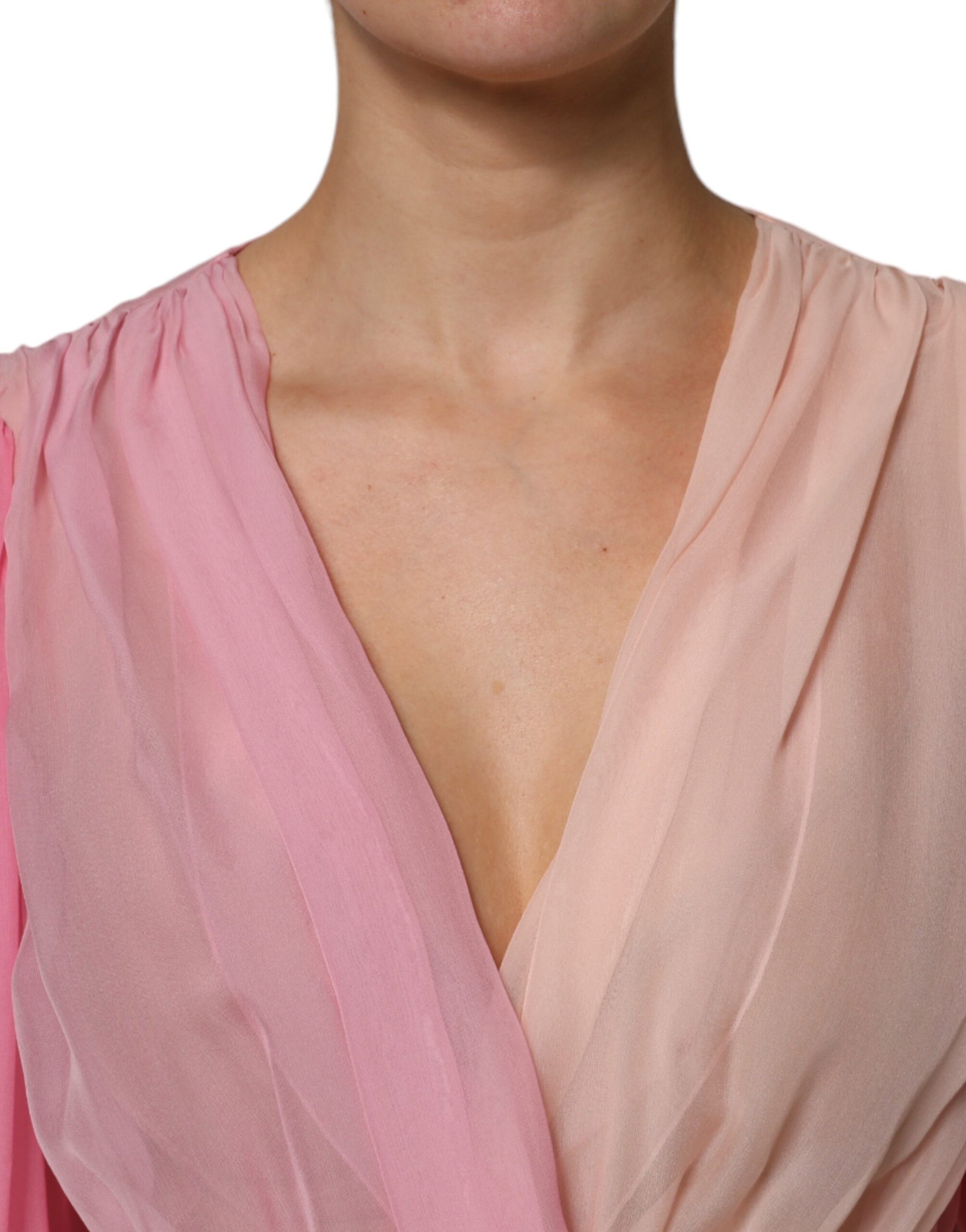 Dolce & Gabbana Pink Plunging V-neck Long Sleeves Blouse Top Dolce & Gabbana