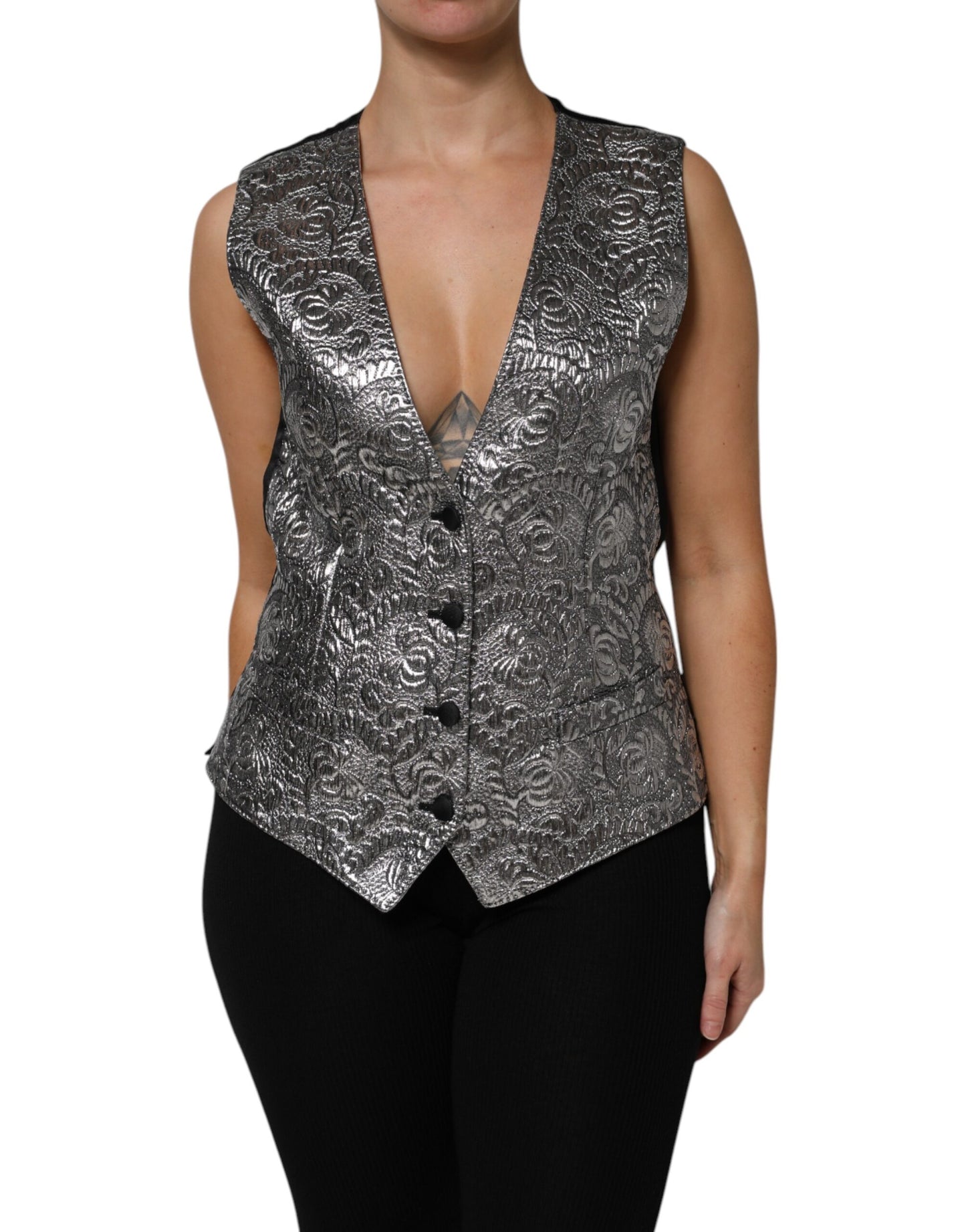 Dolce & Gabbana Silver Floral Jacquard Sleeveless Vest Top Dolce & Gabbana