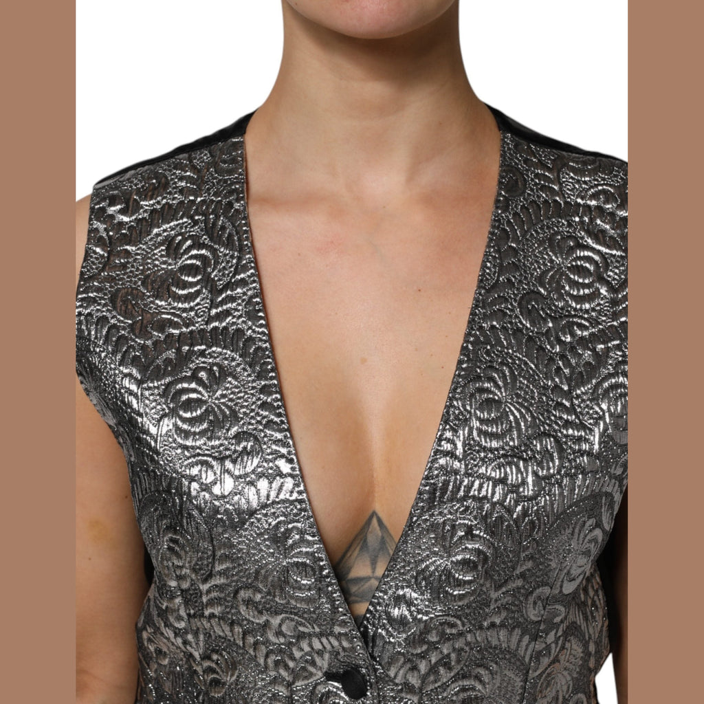 Dolce & Gabbana Silver Floral Jacquard Sleeveless Vest Top