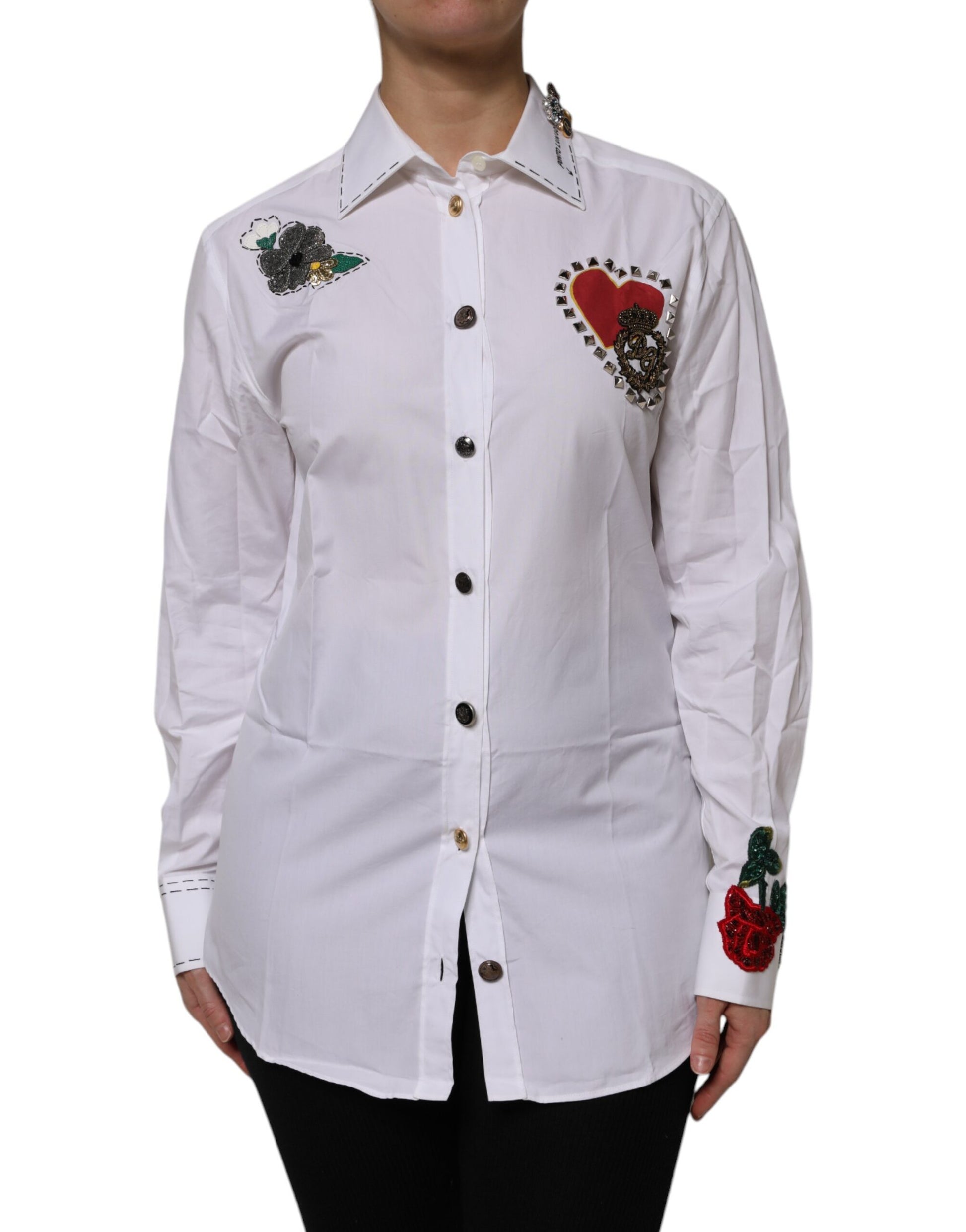 Dolce & Gabbana White Cotton Floral Embellished Shirt Top Dolce & Gabbana