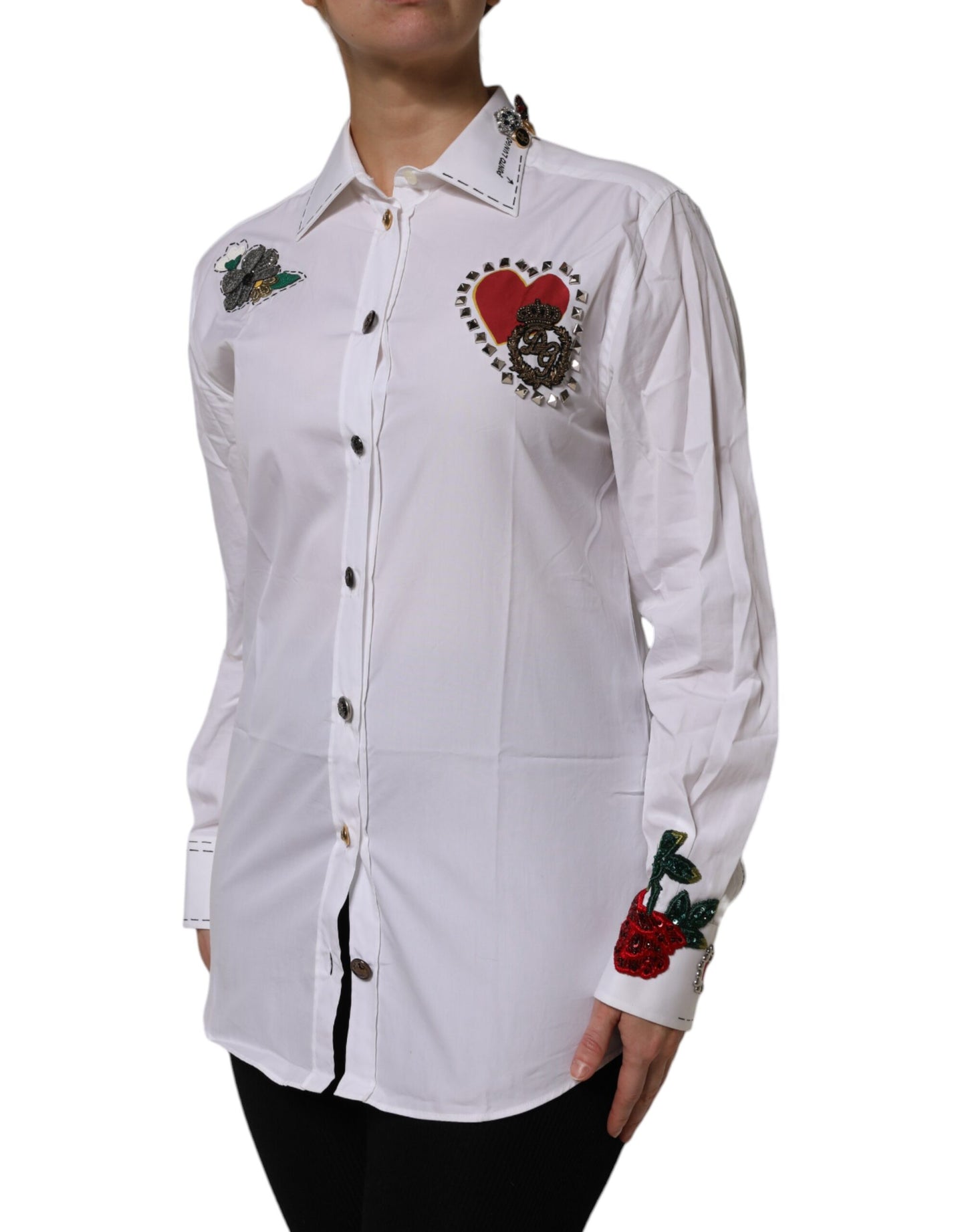 Dolce & Gabbana White Cotton Floral Embellished Shirt Top Dolce & Gabbana