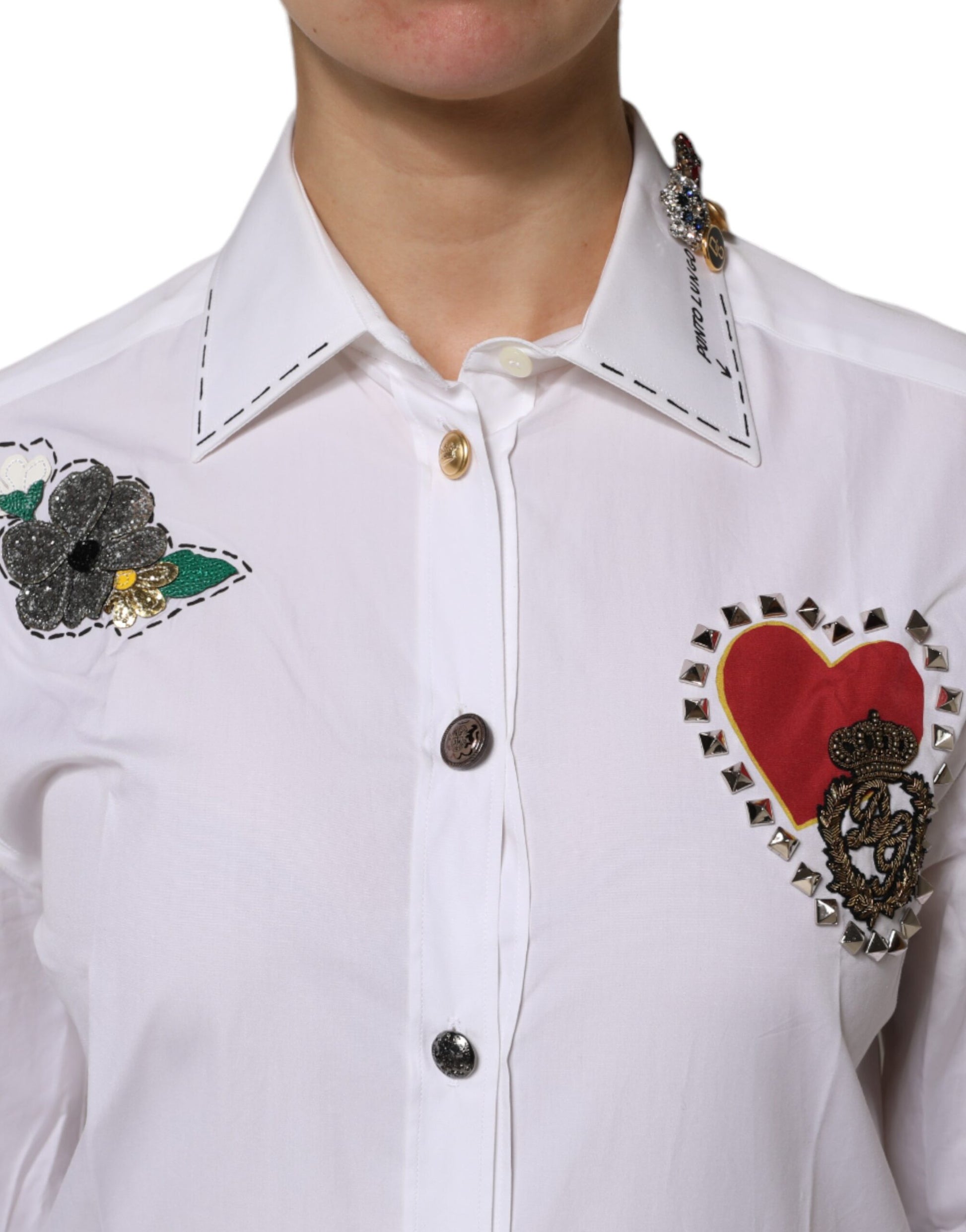 Dolce & Gabbana White Cotton Floral Embellished Shirt Top Dolce & Gabbana