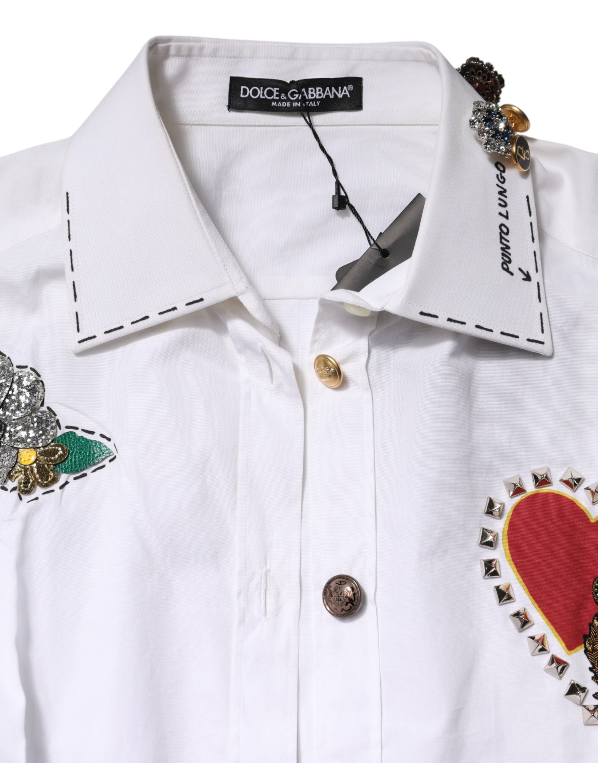 Dolce & Gabbana White Cotton Floral Embellished Shirt Top Dolce & Gabbana
