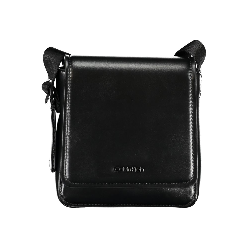 Black Calvin Klein polyester shoulder bag for men with adjustable strap and minimalist design.