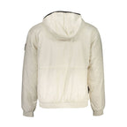 Calvin Klein men's beige recycled polyester jacket shown on a hanger, featuring a sleek, minimalist design and modern fit.