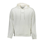 Calvin Klein white cotton men's sweater displayed on a hanger, showcasing a classic crew neck design and soft fabric texture.
