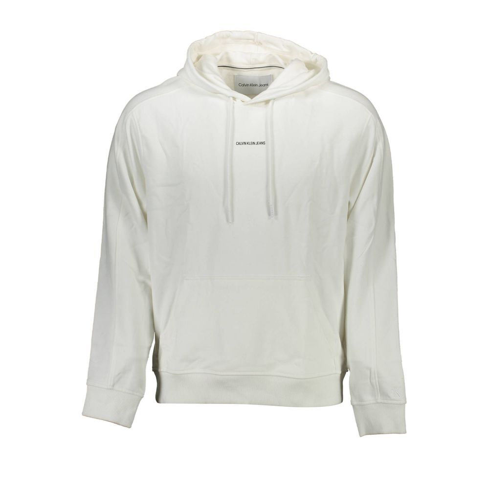 Calvin Klein white cotton men's sweater displayed on a hanger, showcasing a classic crew neck design and soft fabric texture.