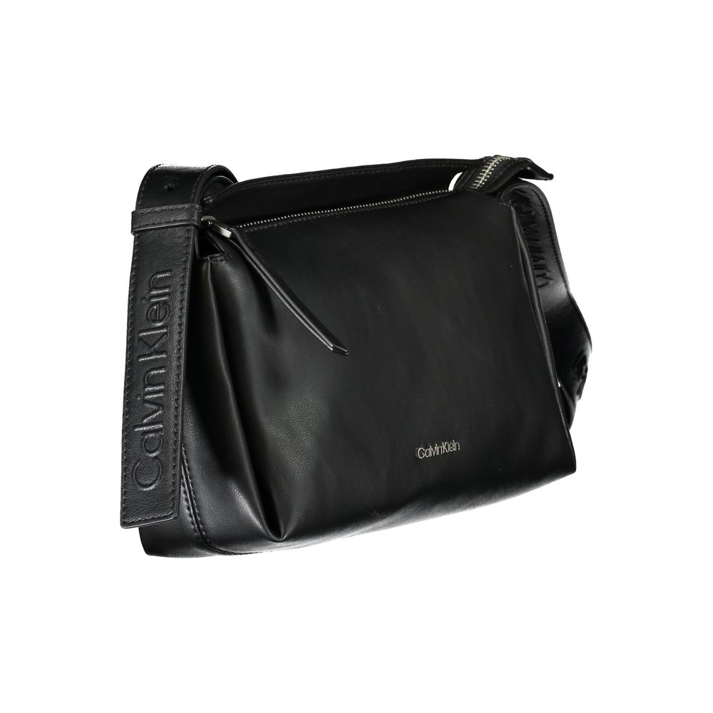 Calvin Klein black polyester women's shoulder bag with sleek design and adjustable strap, featuring minimalist style and logo detail.