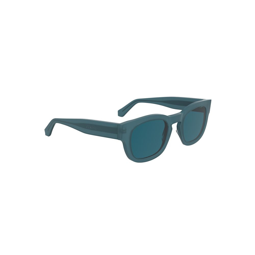 Calvin Klein blue acetate women's sunglasses with rounded frames and dark tinted lenses, stylish and sun protective.