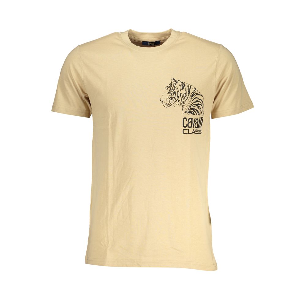 Beige cotton men's T-shirt by Cavalli Class, featuring a classic fit and minimal design, shown on a white background.