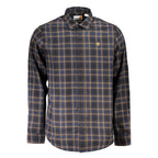 Timberland blue cotton men's shirt with button-down collar and long sleeves, casual style for everyday wear.