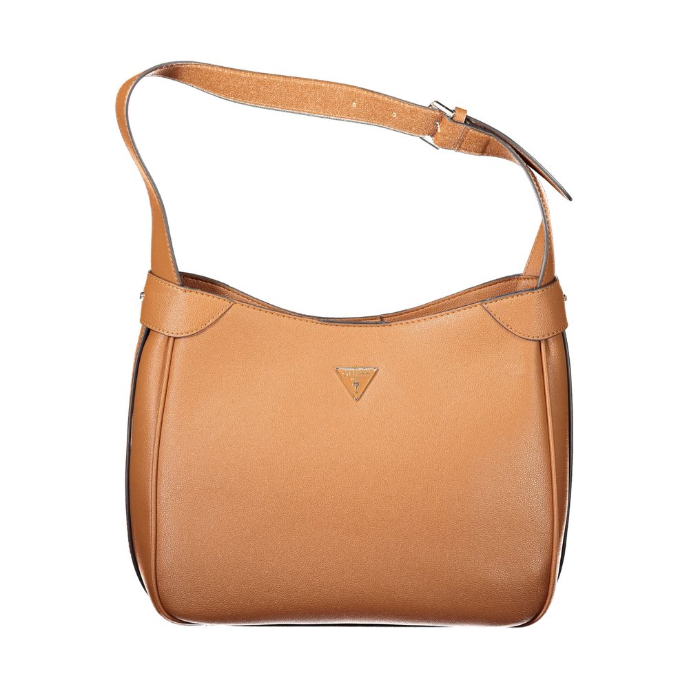Guess Jeans women's brown polyurethane handbag with sleek design and top handle, featuring subtle branding and stylish details.