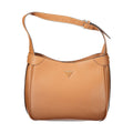 Guess Jeans women's brown polyurethane handbag with sleek design and top handle, featuring subtle branding and stylish details.