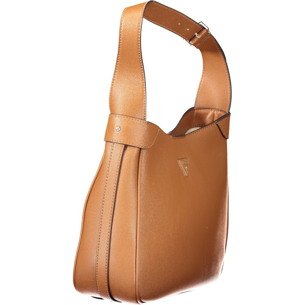 Guess Jeans women's brown polyurethane handbag with sleek design and top handle, perfect for casual and stylish outfits.