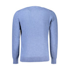 North Sails Blu Cotton Men Sweater displayed on a hanger, featuring a crew neck and classic knit design in blue cotton fabric.