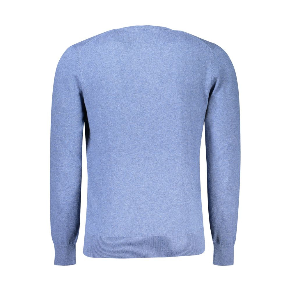 North Sails Blu Cotton Men Sweater displayed on a hanger, featuring a crew neck and classic knit design in blue cotton fabric.