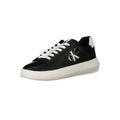 Black leather women's sneaker by Calvin Klein with sleek design and white rubber sole.