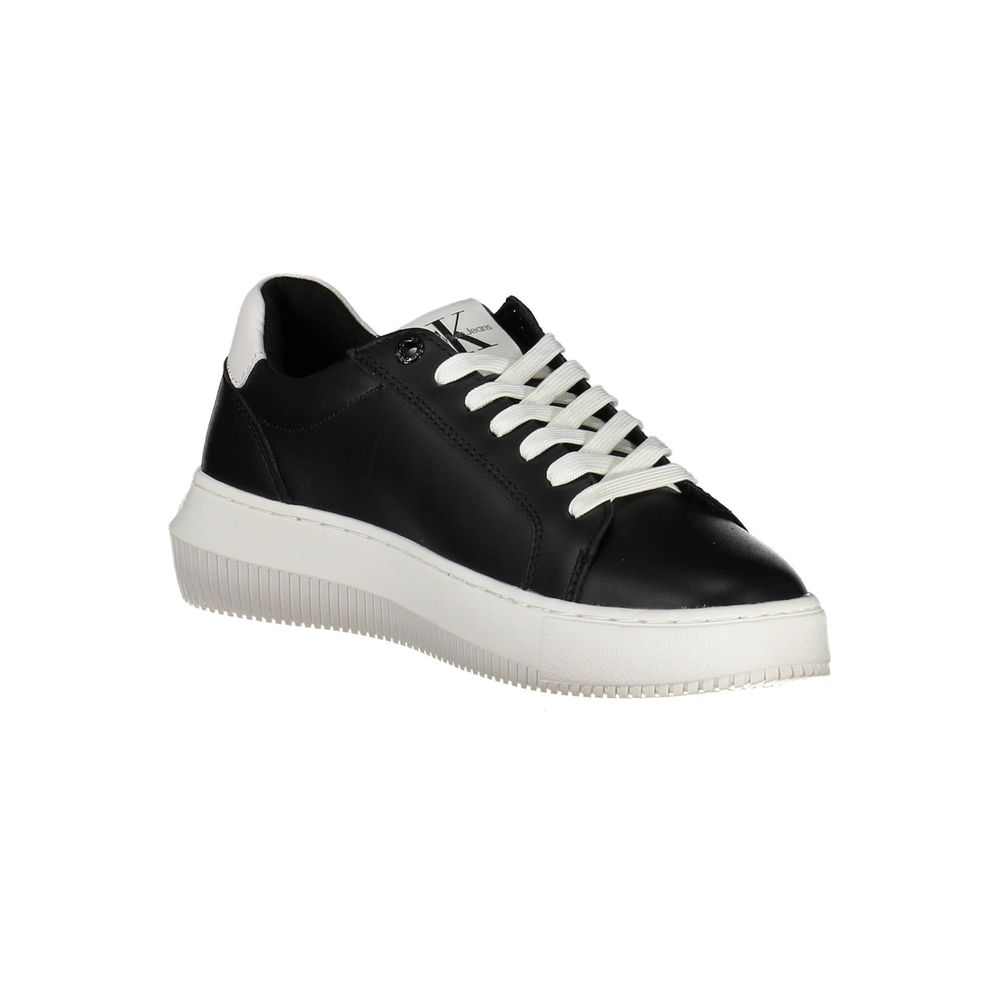 Calvin Klein black leather women's sneakers with white soles and sleek design, perfect for casual and sporty outfits.
