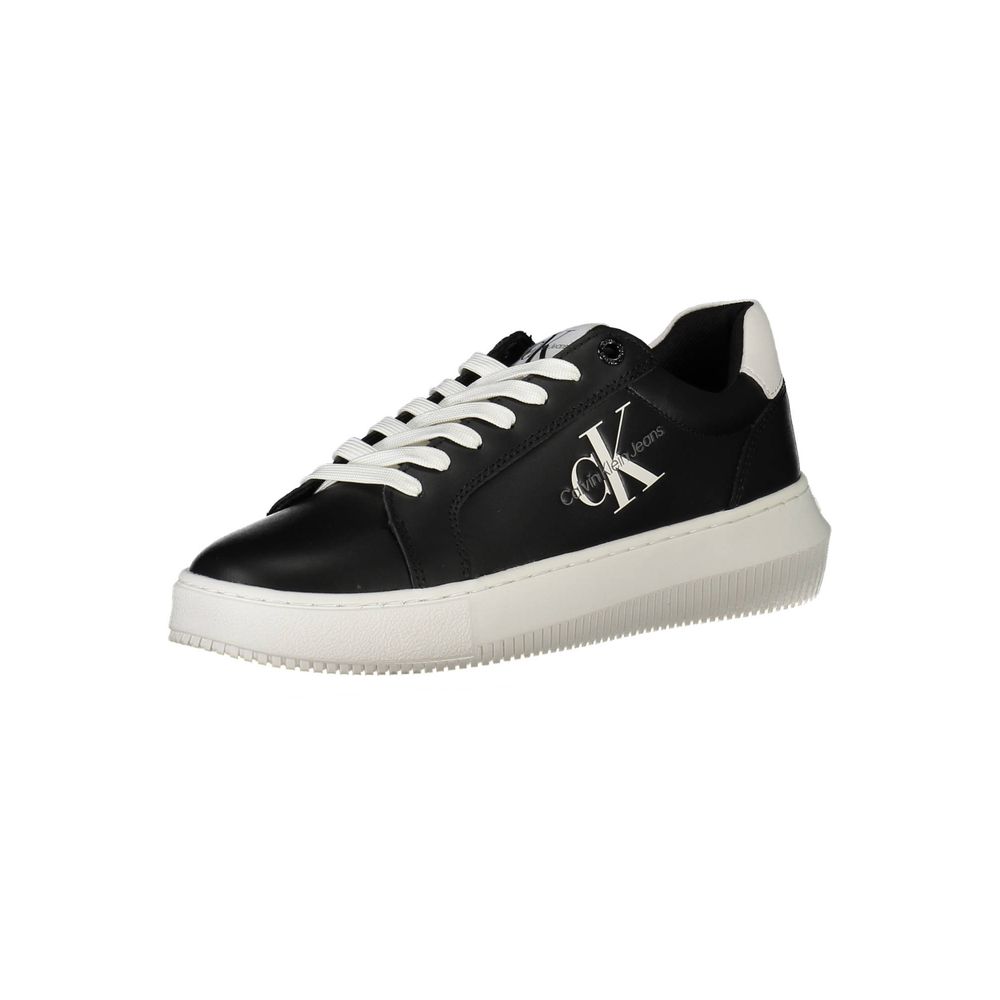 Calvin Klein black leather women's sneaker featuring a sleek design and white rubber sole.