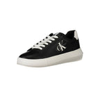 Calvin Klein black leather women's sneaker featuring a sleek design and white rubber sole.