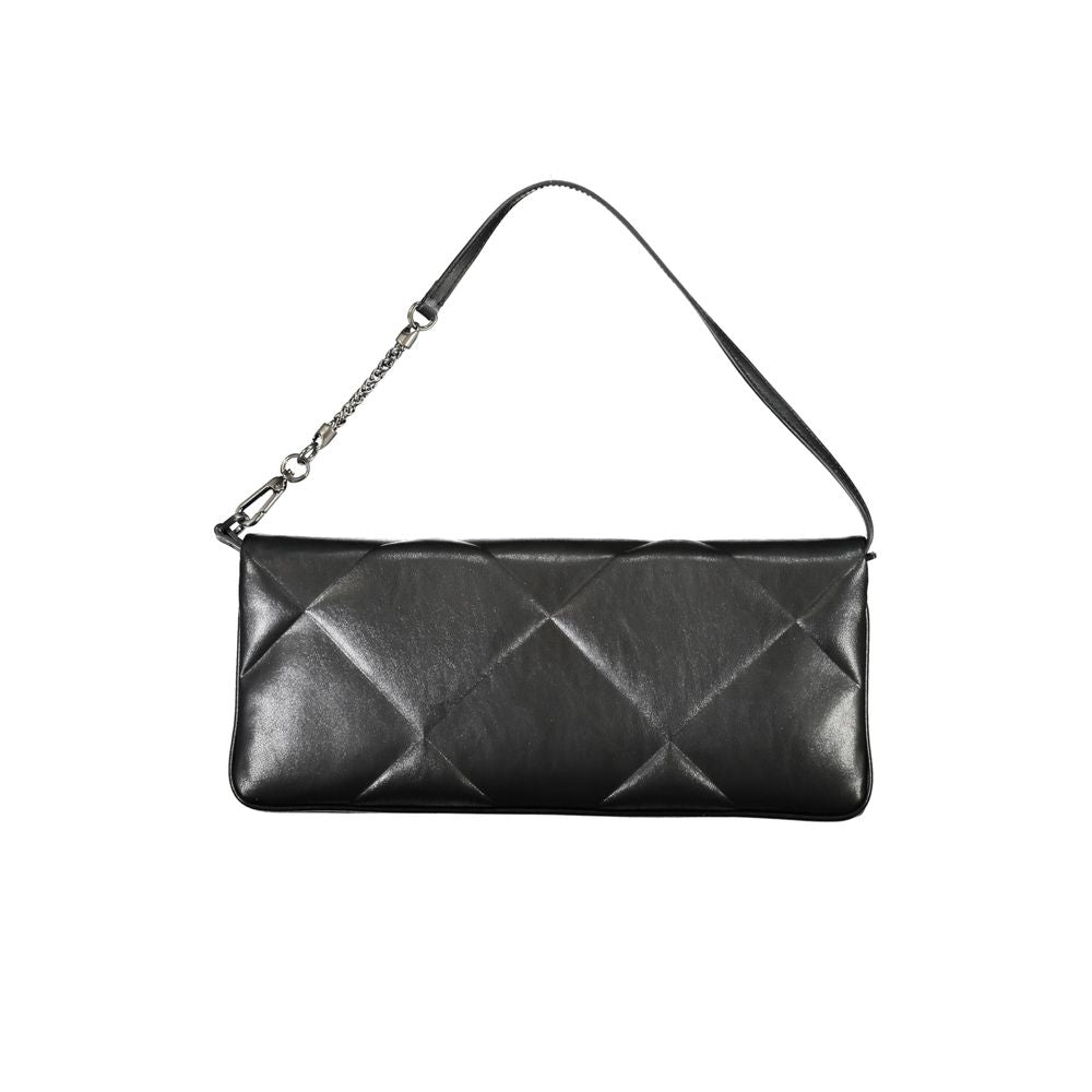 Calvin Klein black polyester women's handbag with sleek design and top handle, featuring minimalist style and subtle branding.