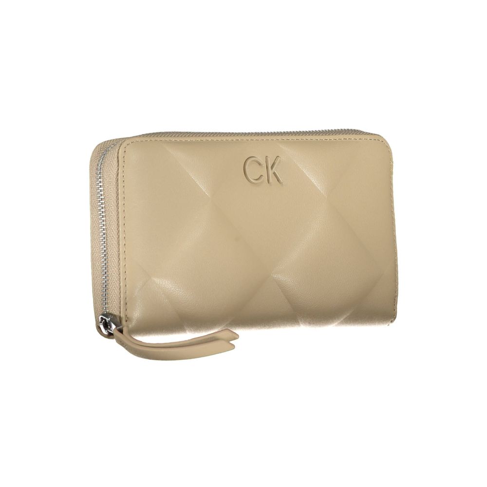 Calvin Klein beige polyester women’s wallet with multiple card slots and a sleek, minimalist design.
