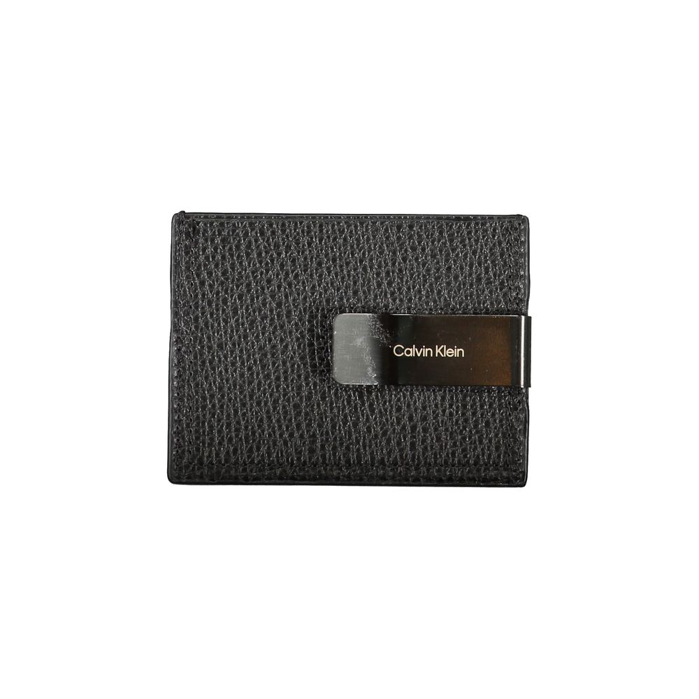 Calvin Klein sleek leather card holder with built-in money clip on a neutral background.