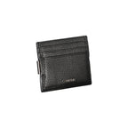 Calvin Klein sleek leather card holder with integrated money clip, black leather with minimalist design and metallic clip detail.