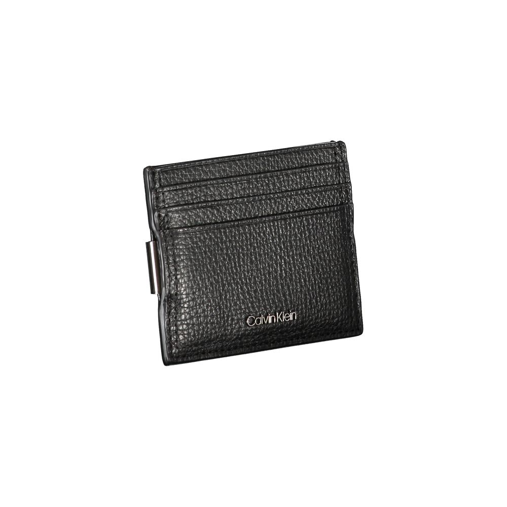 Calvin Klein sleek leather card holder with integrated money clip, black leather with minimalist design and metallic clip detail.