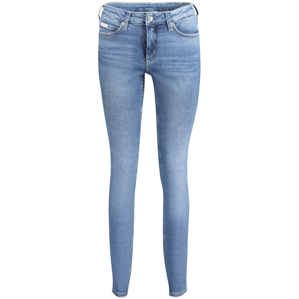 Calvin Klein Blu cotton women's jeans with classic five-pocket design and slim fit, displayed on a plain background.