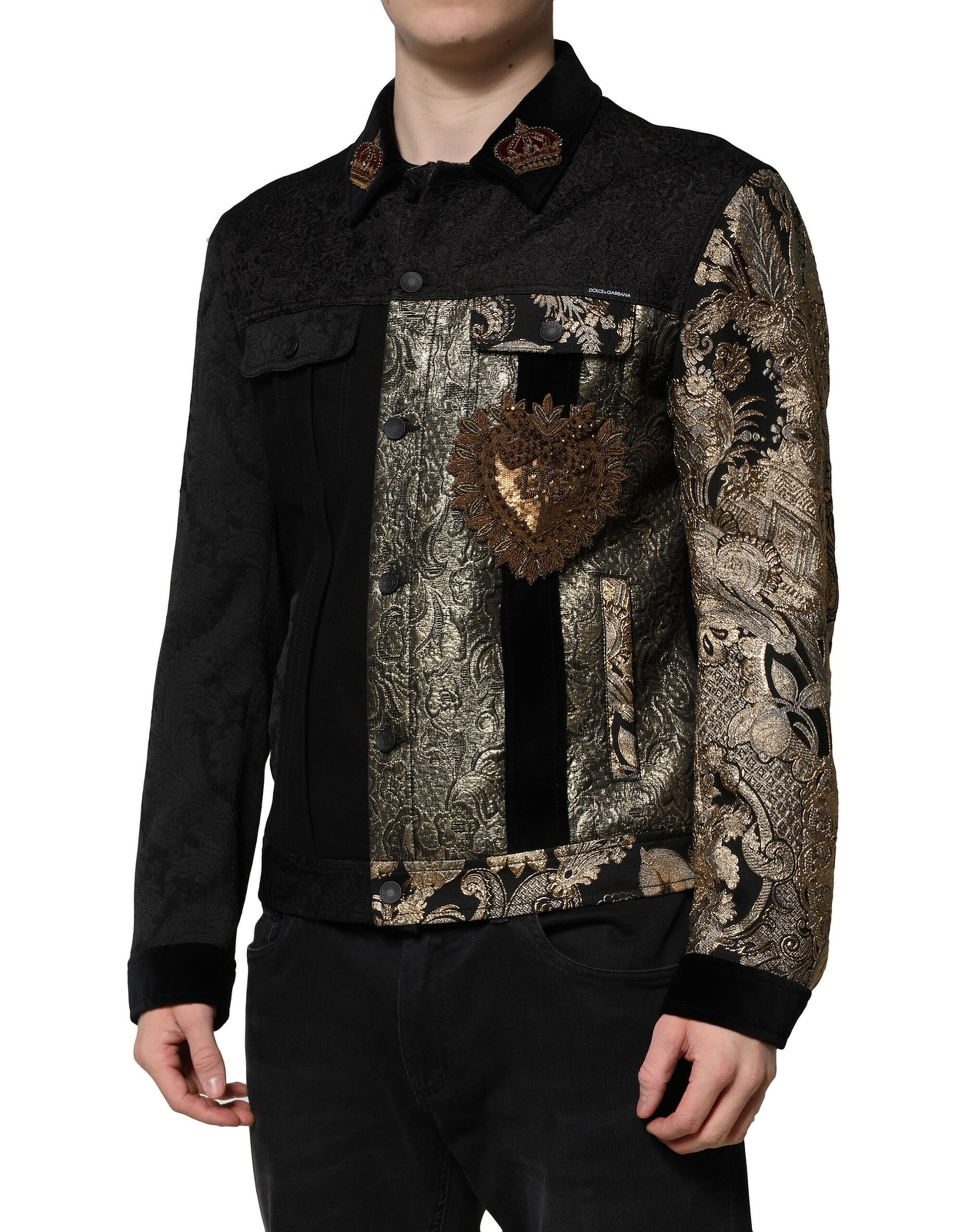 Dolce & Gabbana Black Gold Floral Jacquard Men Biker Jacket Dolce & Gabbana