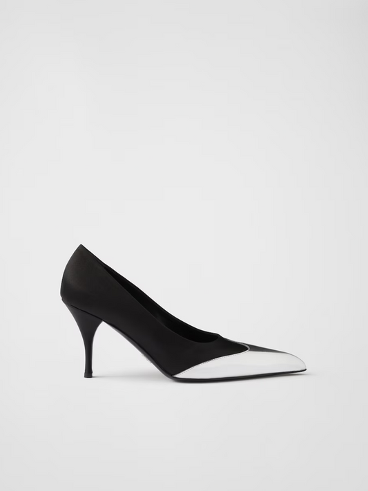 Prada Black Satin And Metallic Silver Leather Pumps Prada