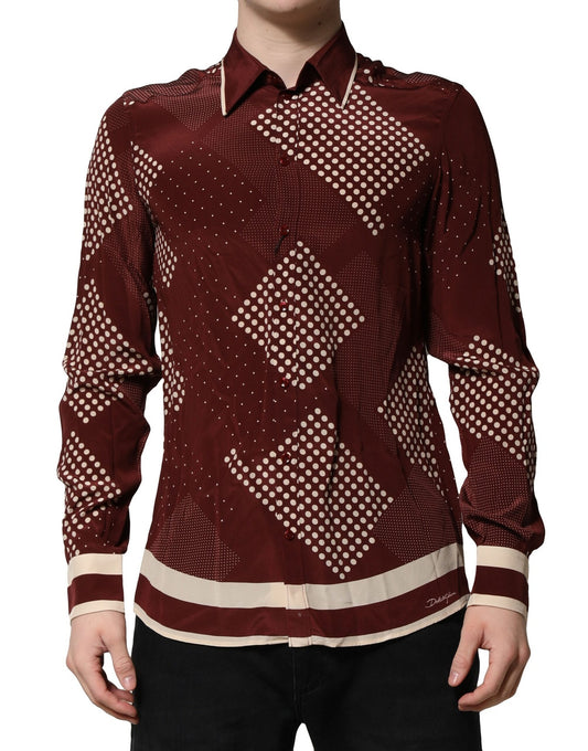 Dolce & Gabbana Maroon Dotted Silk Long Sleeve Casual Shirt Dolce & Gabbana