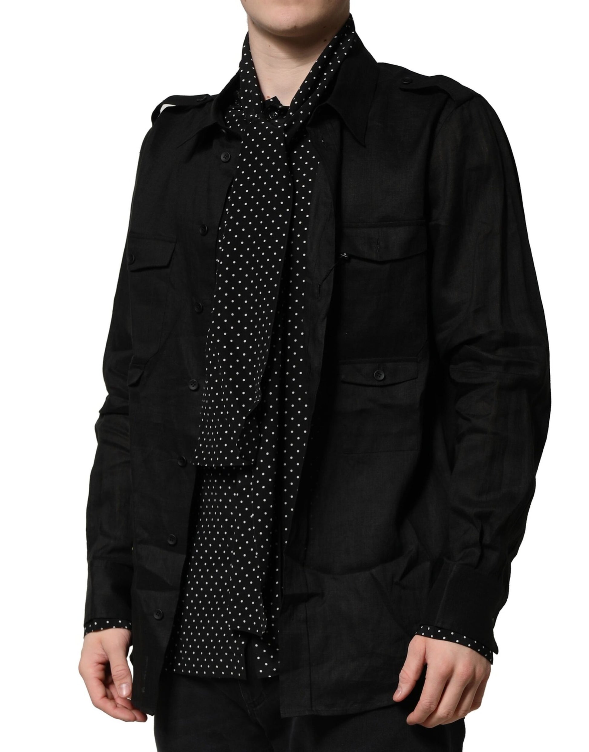 Dolce & Gabbana Black Polka Dot Linen Silk Men Casual Shirt Dolce & Gabbana