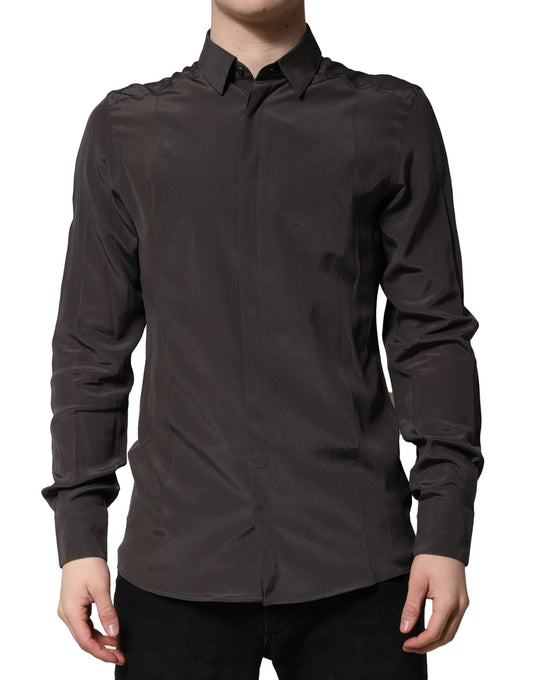 Dolce & Gabbana Dark Brown Silk GOLD Men Dress Formal Shirt Dolce & Gabbana