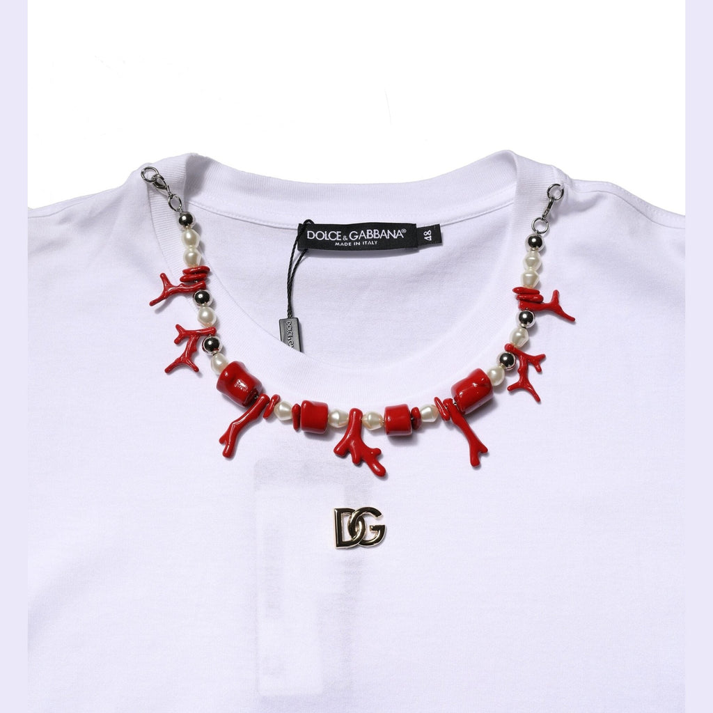 Dolce & Gabbana White Embellished Cotton Crew Neck T-shirt