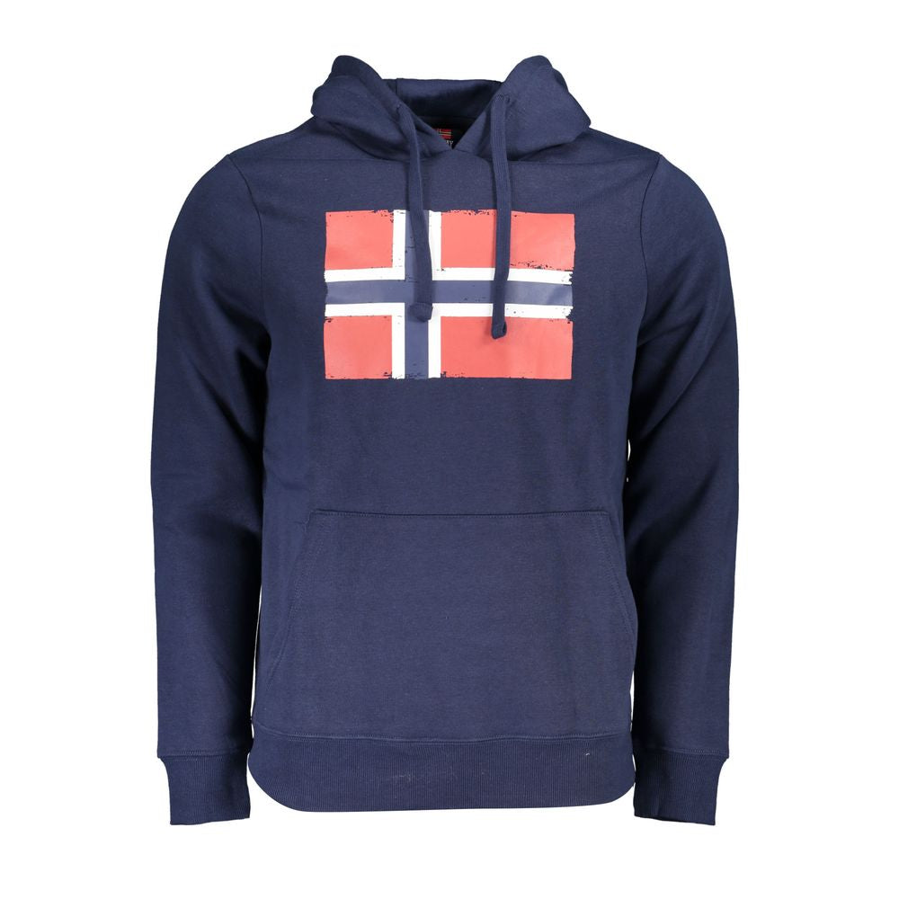 Norway 1963 blue cotton men's hooded sweatshirt, casual pullover with front pocket and adjustable drawstrings.