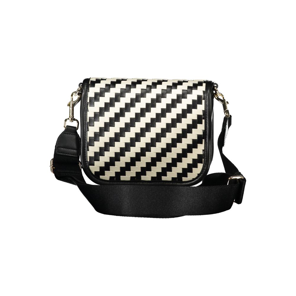 Tommy Hilfiger black polyurethane women’s handbag with sleek design and silver hardware, featuring top handles and zip closure.