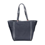 Tommy Hilfiger blue polyester women's handbag with top handles and silver hardware, featuring a classic and stylish design.