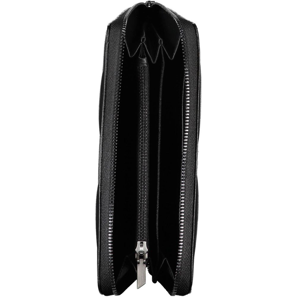 Black Calvin Klein polyester women's wallet with multiple card slots and a sleek design, suitable for everyday use.