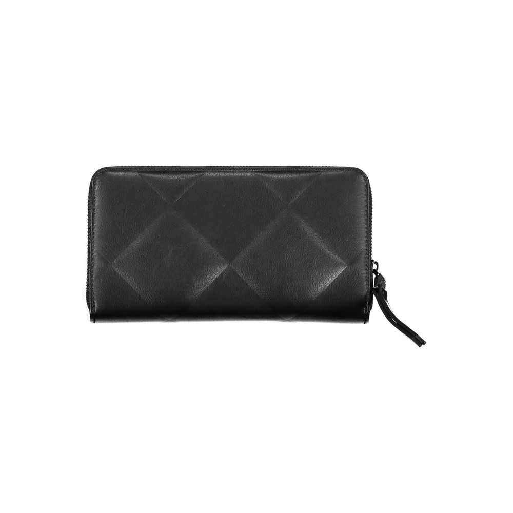 Black Calvin Klein polyester women's wallet with multiple card slots and a sleek design.