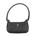 Tommy Hilfiger black polyurethane women's handbag with sleek design and top handle, showing front view with logo detail.