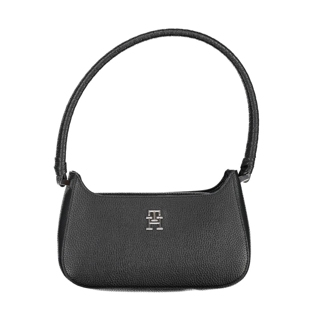 Tommy Hilfiger black polyurethane women's handbag with sleek design and top handle, showing front view with logo detail.