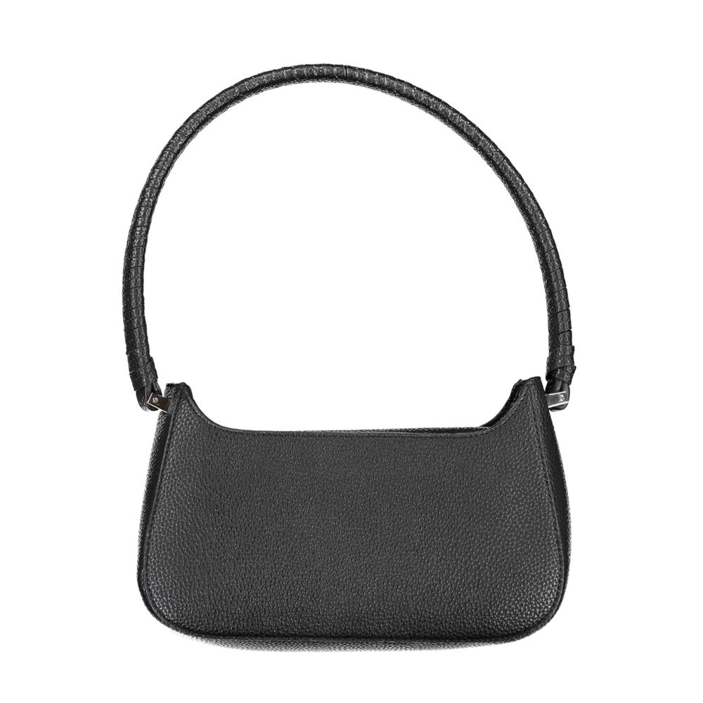 Tommy Hilfiger black polyurethane women's handbag with silver hardware and top handle, stylish and functional accessory.