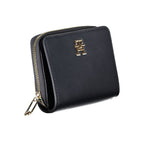 Tommy Hilfiger sleek blue polyethylene wallet with multiple card slots and a zipper closure, designed for style and functionality.