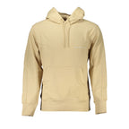 Beige cotton men's sweater by Calvin Klein with ribbed cuffs and crew neckline, displayed on a plain background.