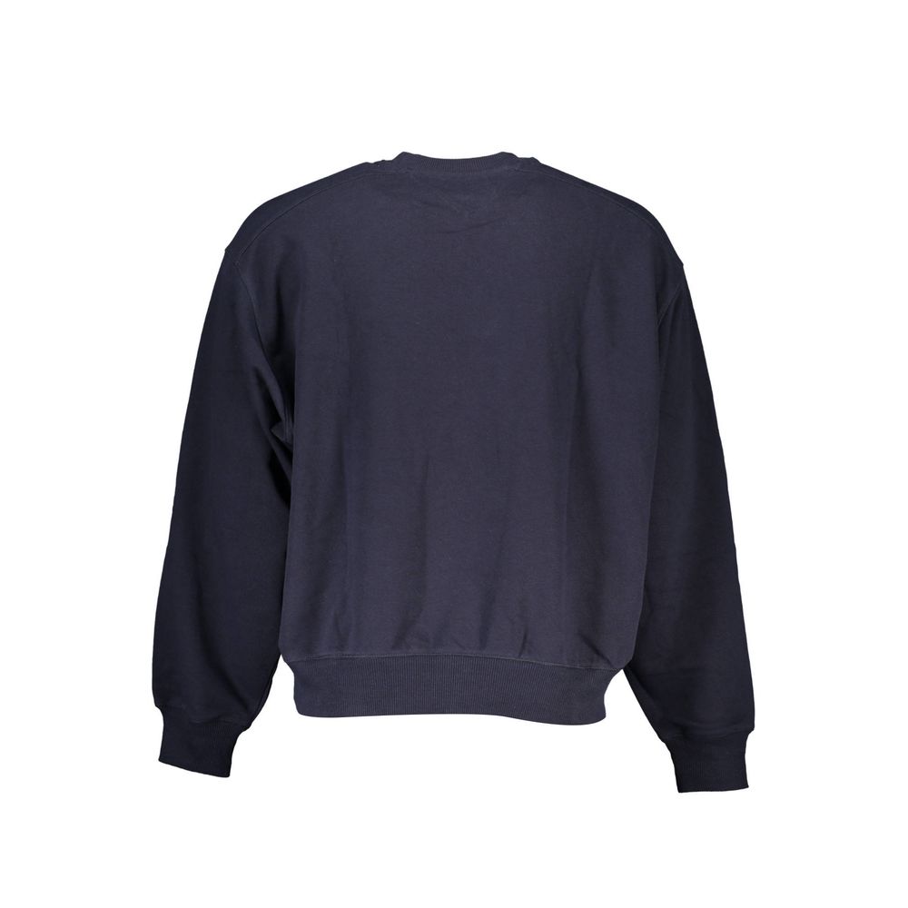 Tommy Hilfiger blue cotton men's sweatshirt displayed on a hanger, featuring the brand's logo on the chest and ribbed cuffs.