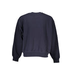 Tommy Hilfiger blue cotton men's sweatshirt displayed on a hanger, featuring the brand's logo on the chest and ribbed cuffs.